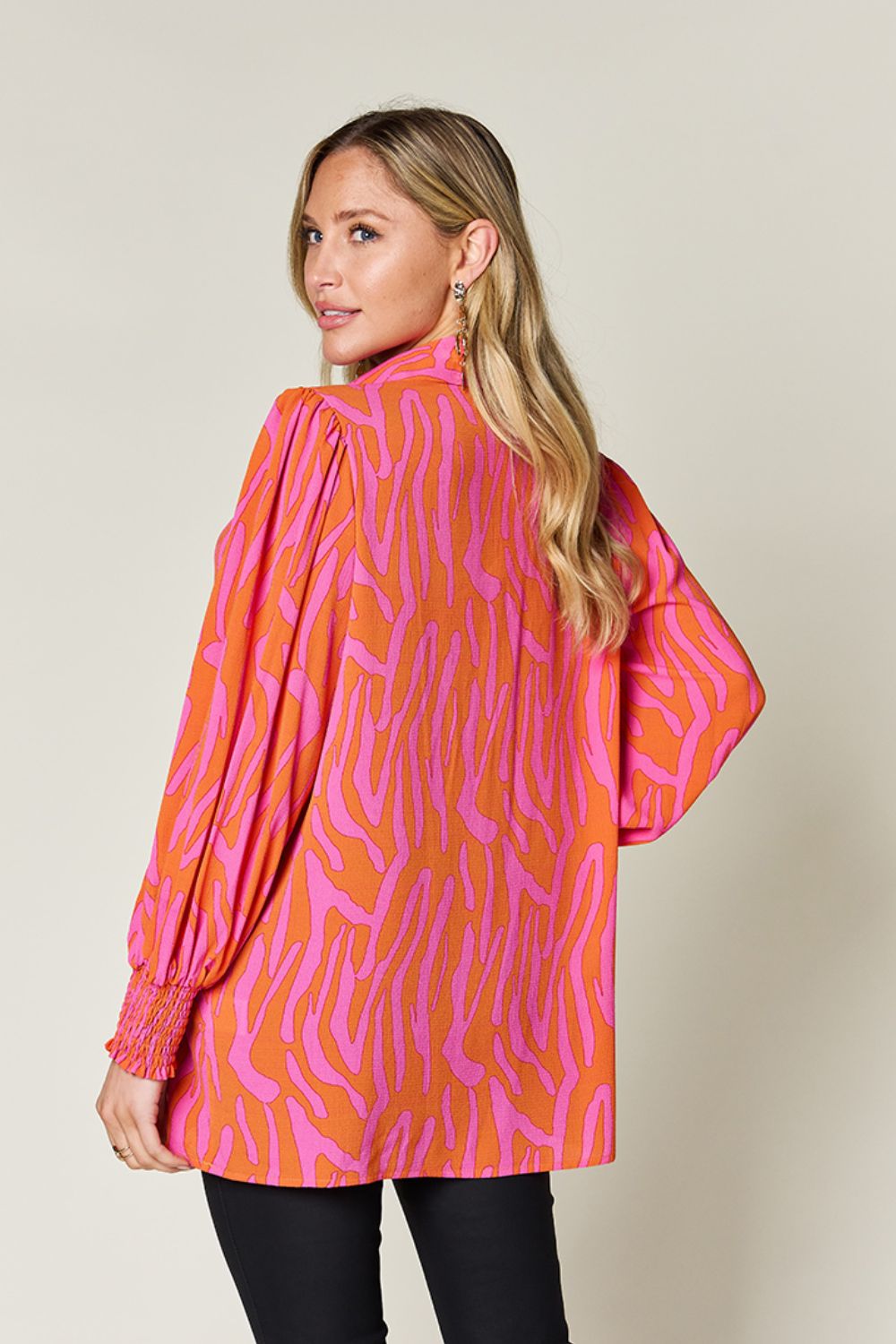 Double Take Full Size Printed Smocked Long Sleeve Blouse - Mervyns