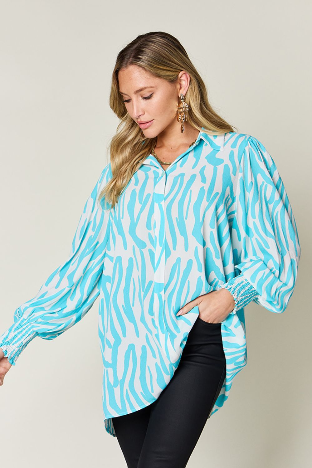 Double Take Full Size Printed Smocked Long Sleeve Blouse - Mervyns