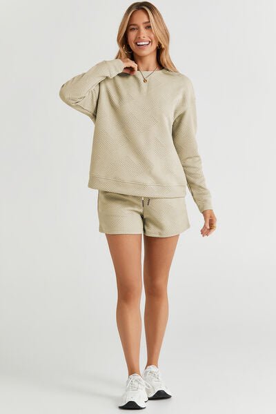 Double Take Full Size Texture Long Sleeve Top and Drawstring Shorts Set - Mervyns