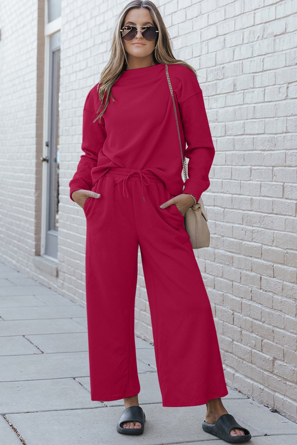 Double Take Full Size Textured Long Sleeve Top and Drawstring Pants Set - Mervyns