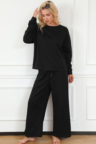 Double Take Full Size Textured Long Sleeve Top and Drawstring Pants Set - Mervyns