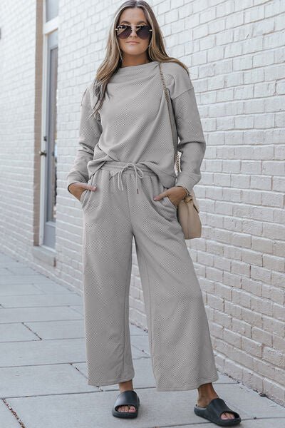 Double Take Full Size Textured Long Sleeve Top and Drawstring Pants Set - Mervyns