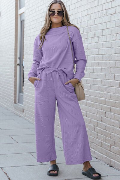 Double Take Full Size Textured Long Sleeve Top and Drawstring Pants Set - Mervyns