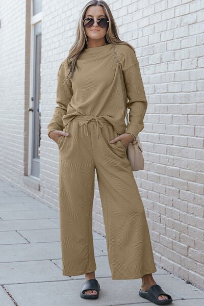 Double Take Full Size Textured Long Sleeve Top and Drawstring Pants Set - Mervyns