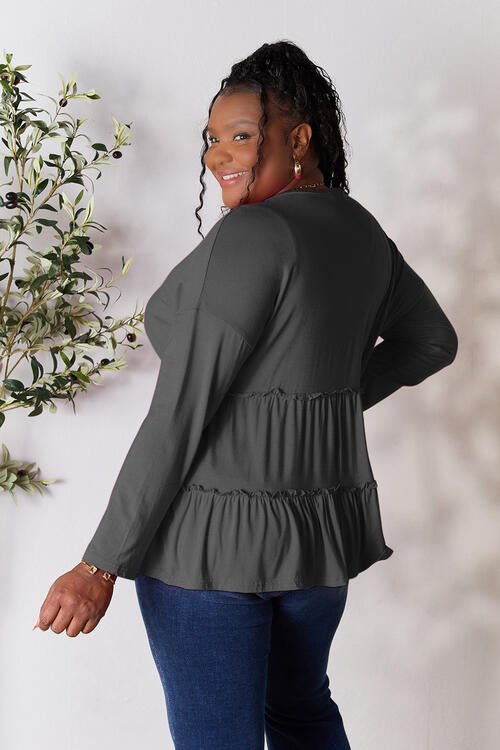 Double Take Half Button Long Sleeve Ruffle Hem Blouse - Mervyns