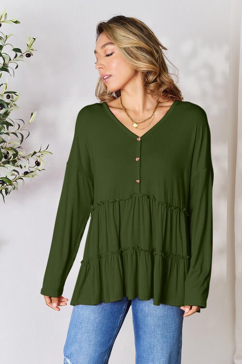 Double Take Half Button Long Sleeve Ruffle Hem Blouse - Mervyns