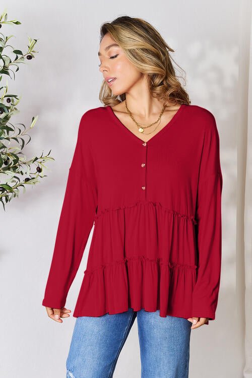 Double Take Half Button Long Sleeve Ruffle Hem Blouse - Mervyns