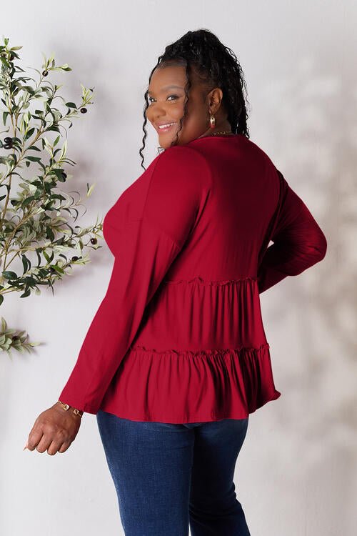 Double Take Half Button Long Sleeve Ruffle Hem Blouse - Mervyns