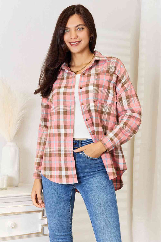 Double Take Plaid Collared Neck Long Sleeve Button - Up Shirt - Mervyns