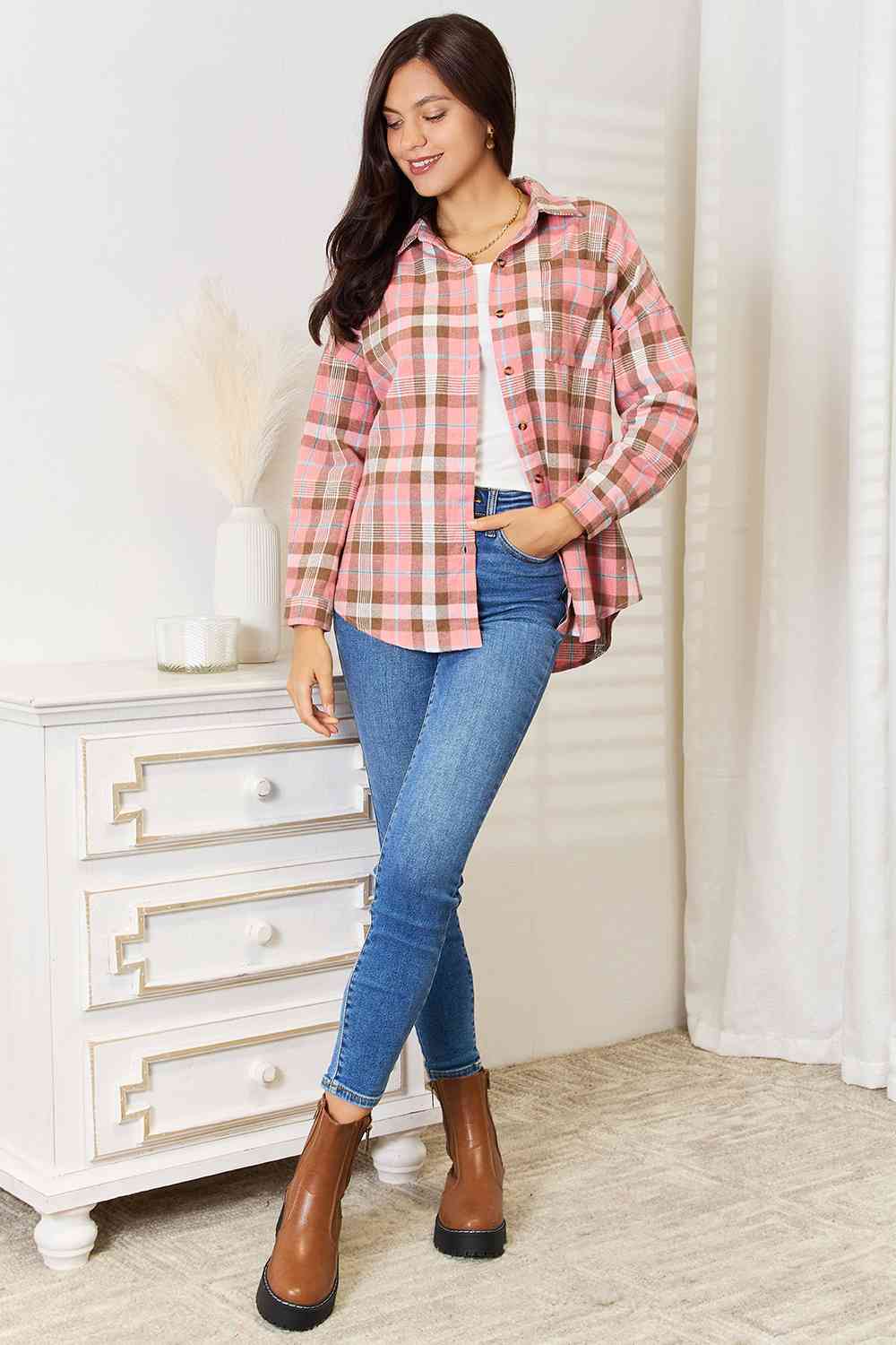 Double Take Plaid Collared Neck Long Sleeve Button - Up Shirt - Mervyns