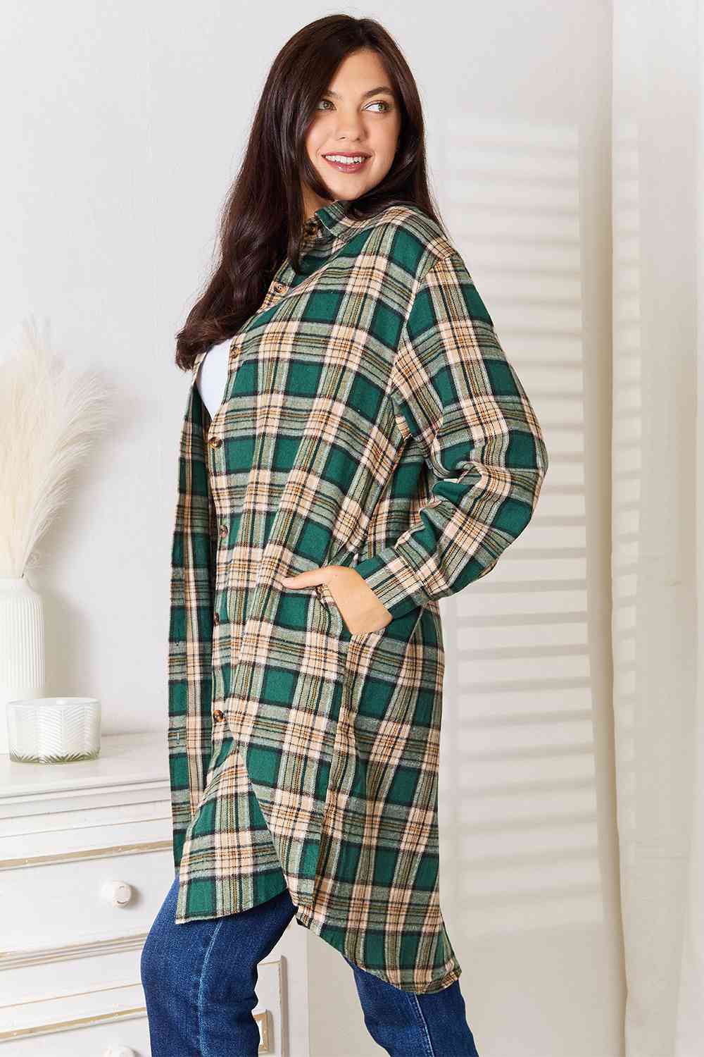 Double Take Plaid Collared Neck Long Sleeve Shirt - Mervyns