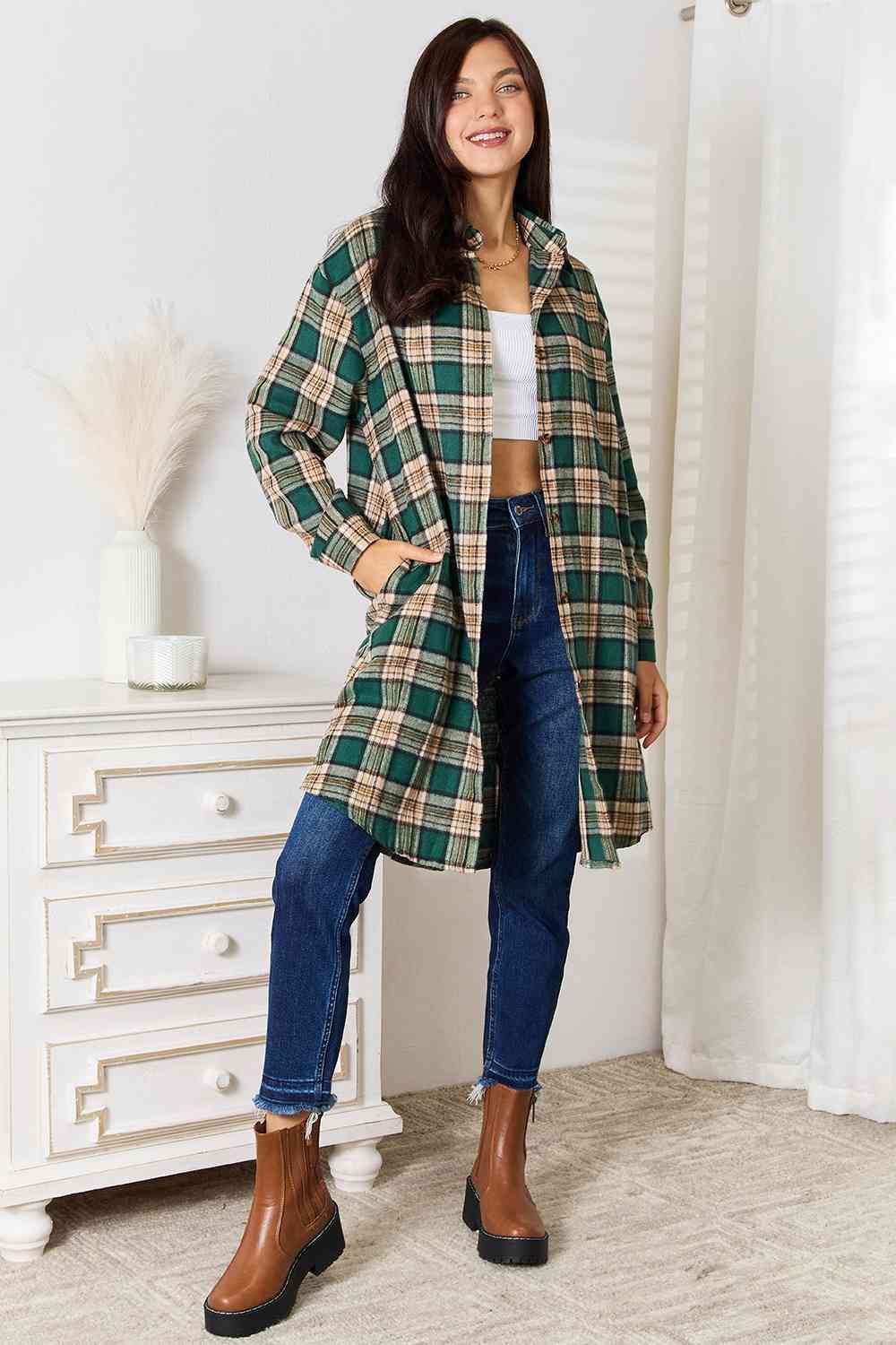 Double Take Plaid Collared Neck Long Sleeve Shirt - Mervyns