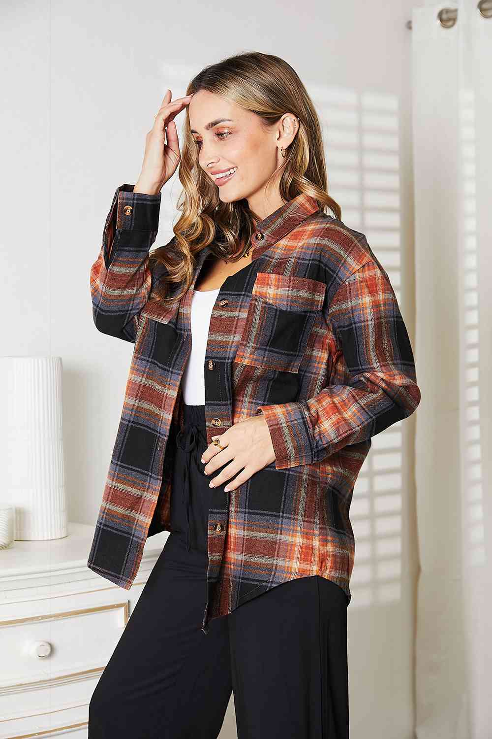 Double Take Plaid Dropped Shoulder Shirt - Mervyns