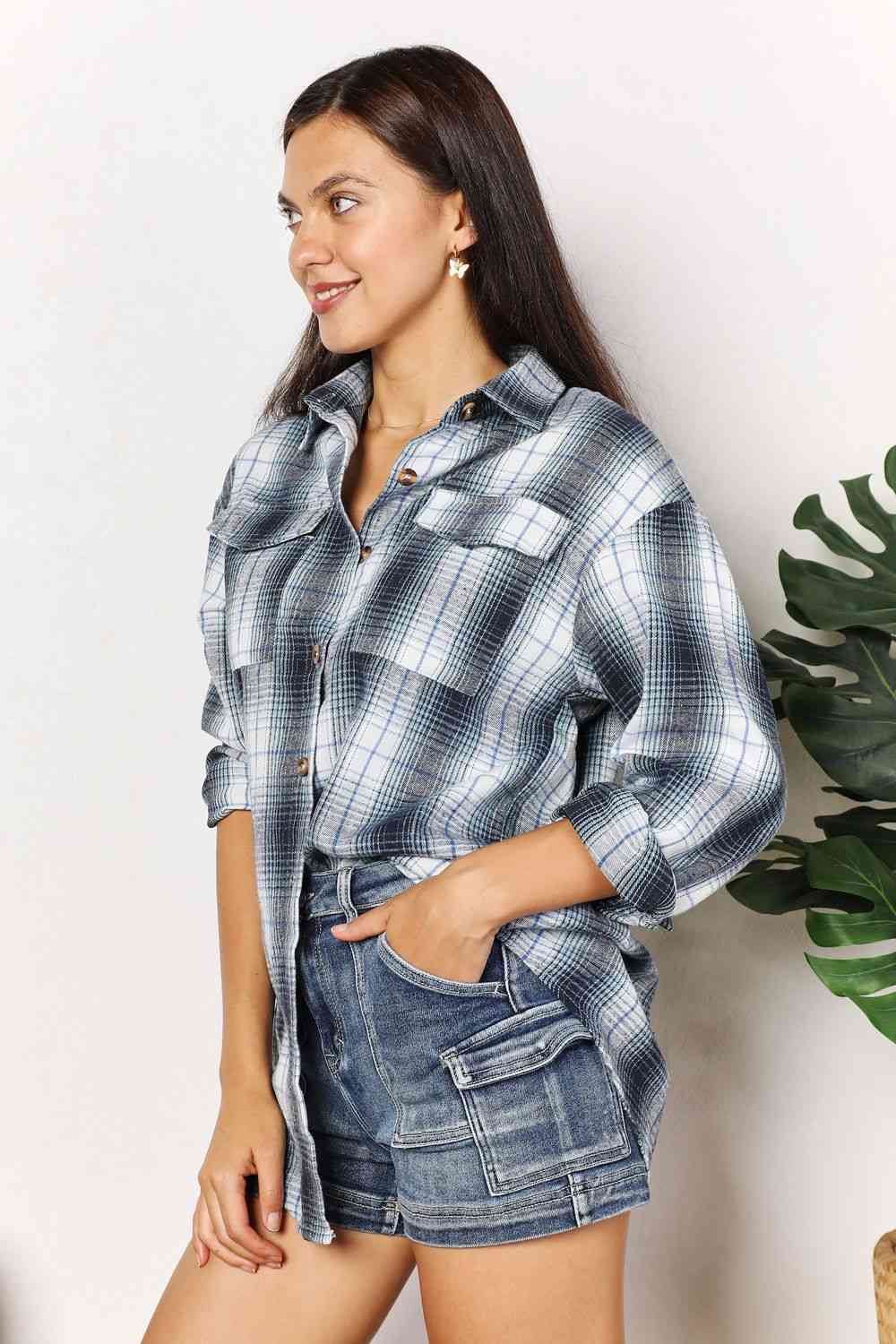 Double Take Plaid Dropped Shoulder Shirt - Mervyns