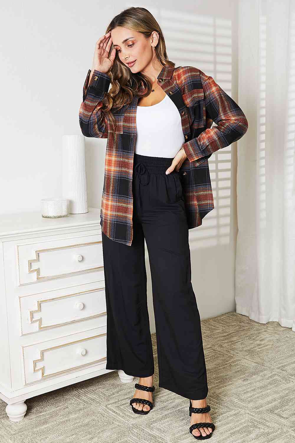 Double Take Plaid Dropped Shoulder Shirt - Mervyns