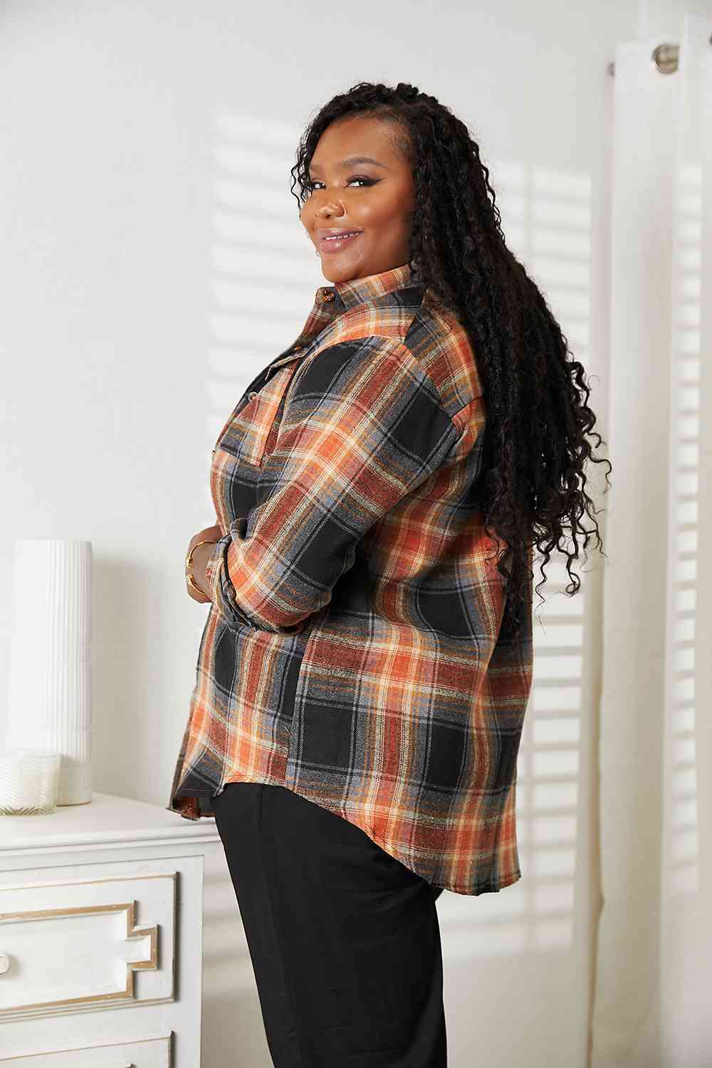 Double Take Plaid Dropped Shoulder Shirt - Mervyns