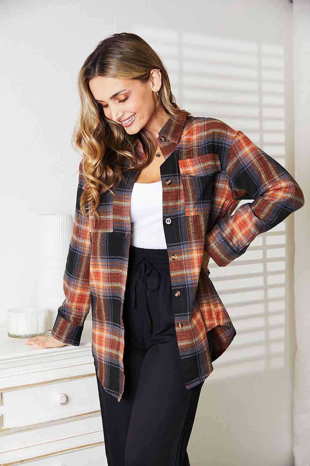 Double Take Plaid Dropped Shoulder Shirt - Mervyns