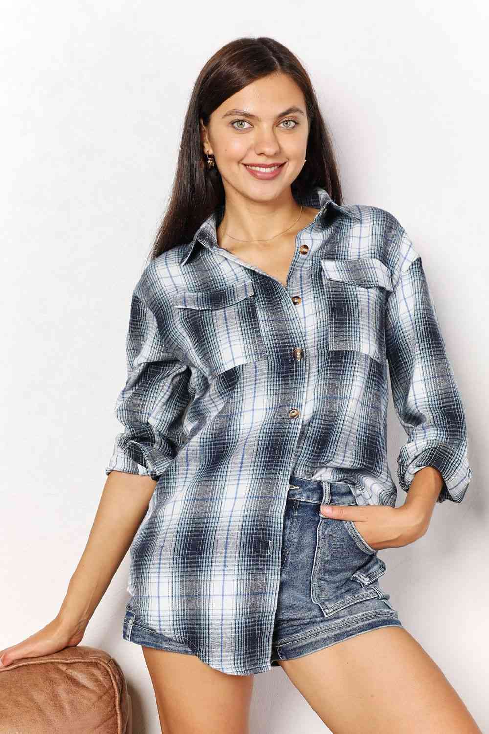 Double Take Plaid Dropped Shoulder Shirt - Mervyns