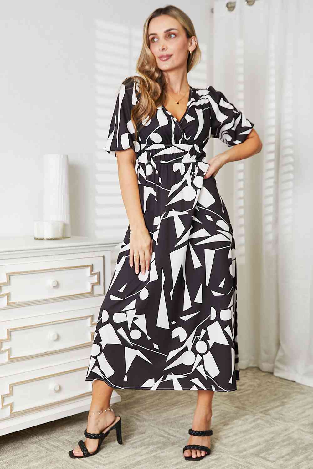 Double Take Printed Surplice Balloon Sleeve Dress - Mervyns