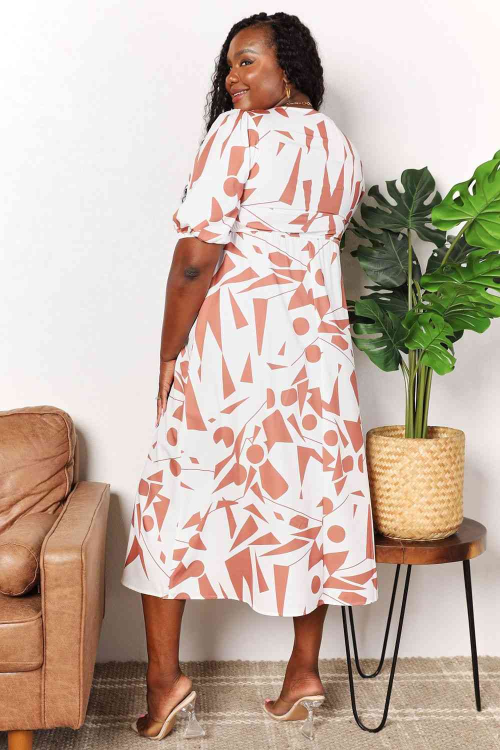 Double Take Printed Surplice Balloon Sleeve Dress - Mervyns