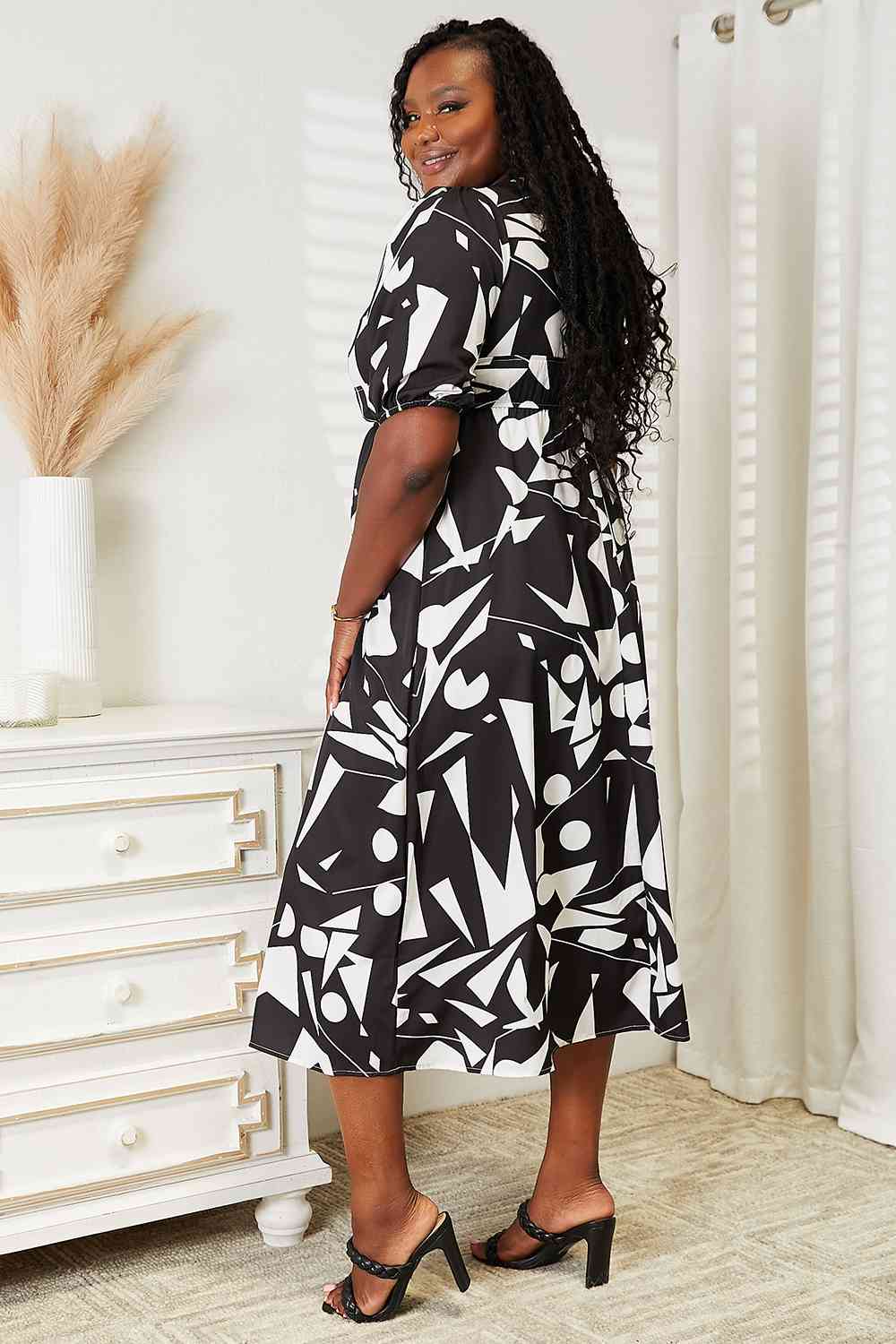 Double Take Printed Surplice Balloon Sleeve Dress - Mervyns