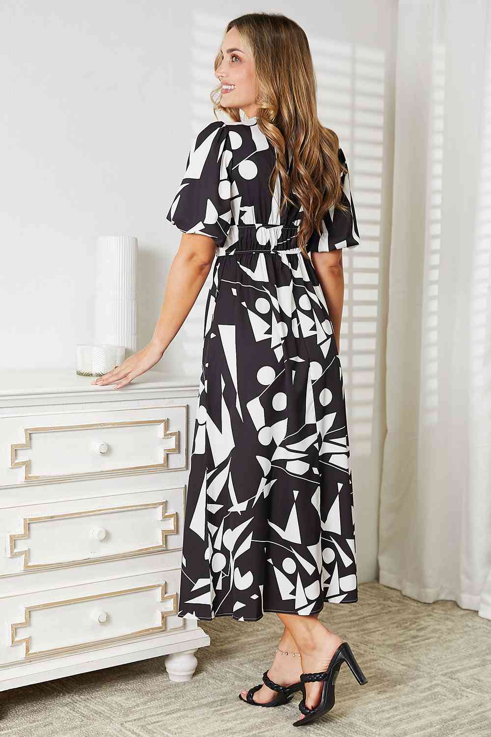 Double Take Printed Surplice Balloon Sleeve Dress - Mervyns