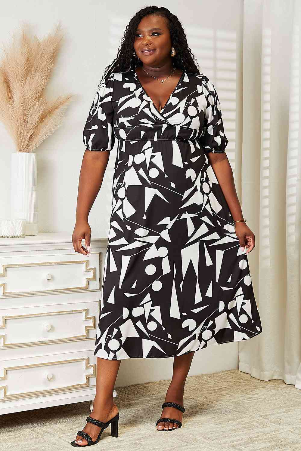 Double Take Printed Surplice Balloon Sleeve Dress - Mervyns