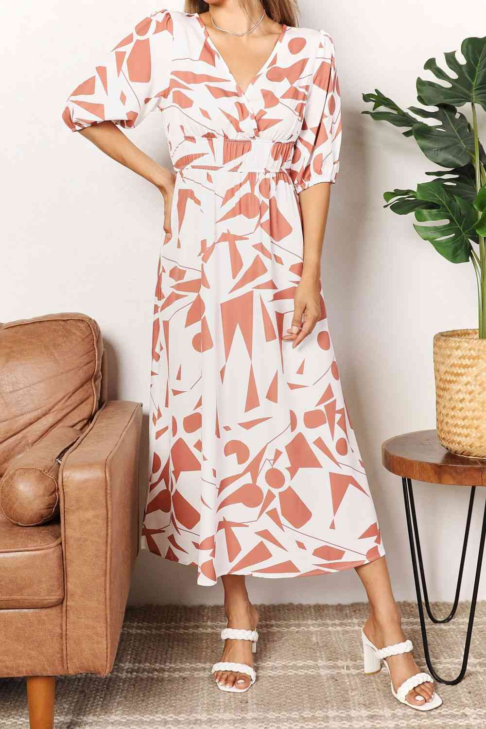 Double Take Printed Surplice Balloon Sleeve Dress - Mervyns