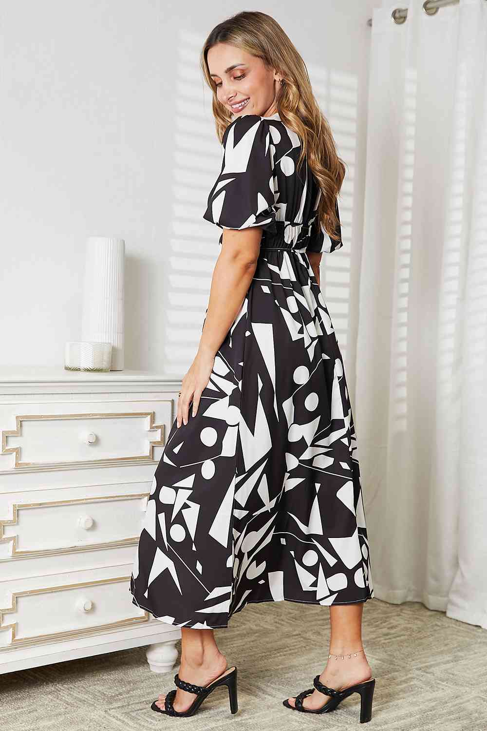 Double Take Printed Surplice Balloon Sleeve Dress - Mervyns