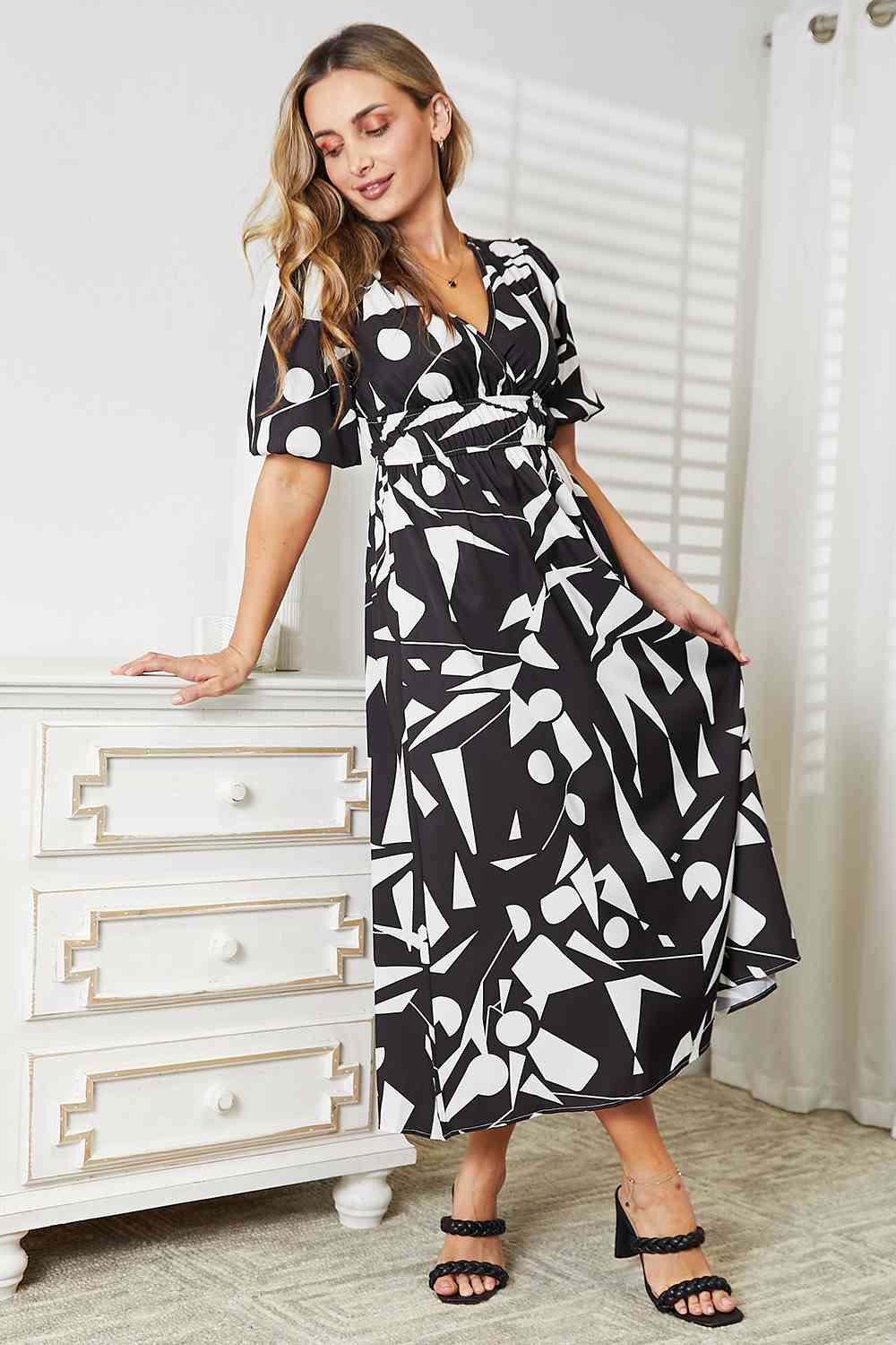 Double Take Printed Surplice Balloon Sleeve Dress - Mervyns