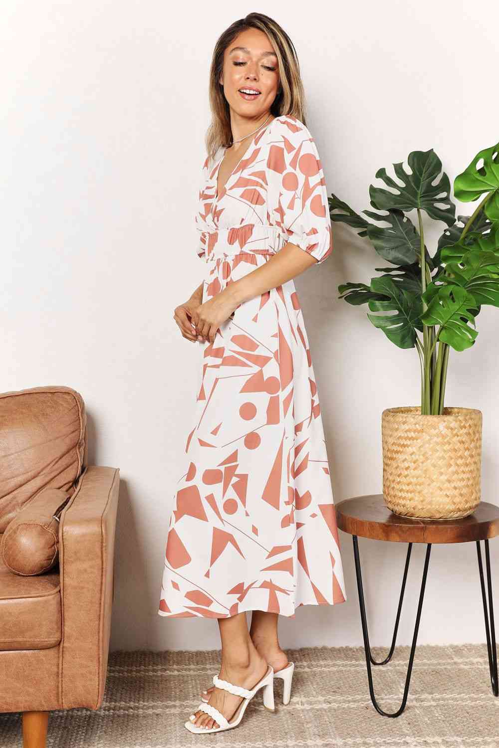 Double Take Printed Surplice Balloon Sleeve Dress - Mervyns