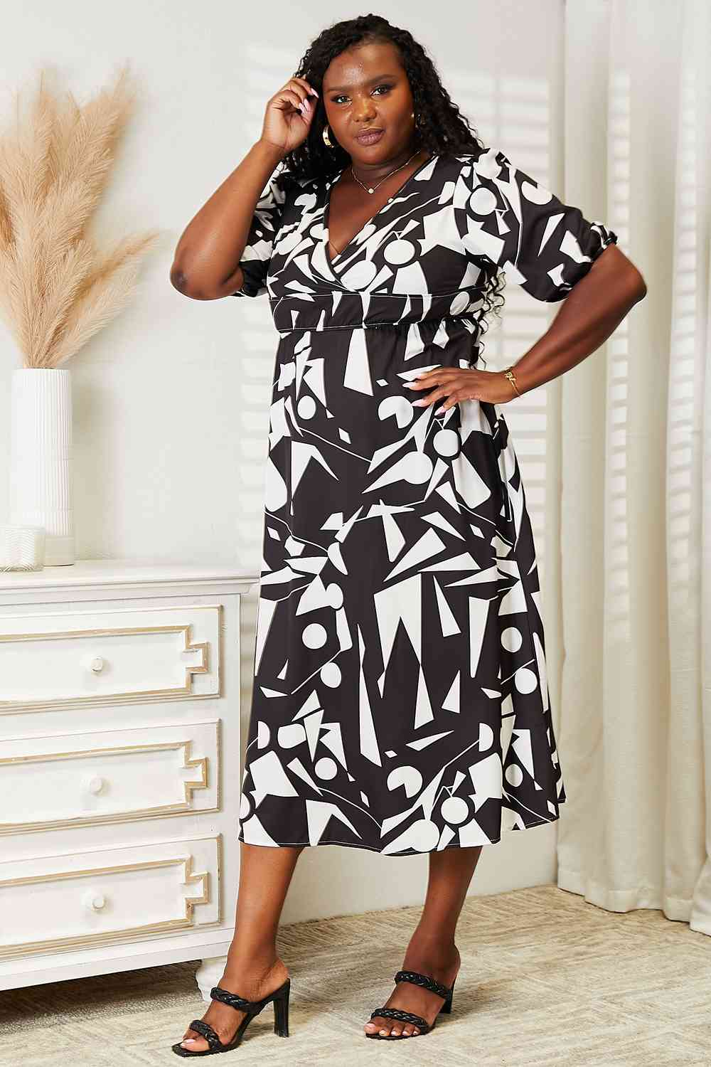 Double Take Printed Surplice Balloon Sleeve Dress - Mervyns