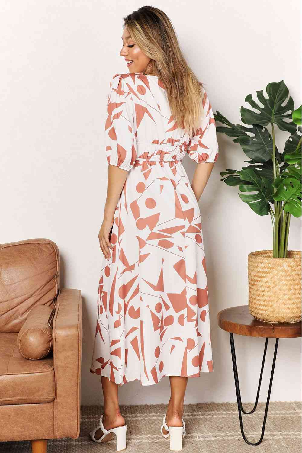 Double Take Printed Surplice Balloon Sleeve Dress - Mervyns