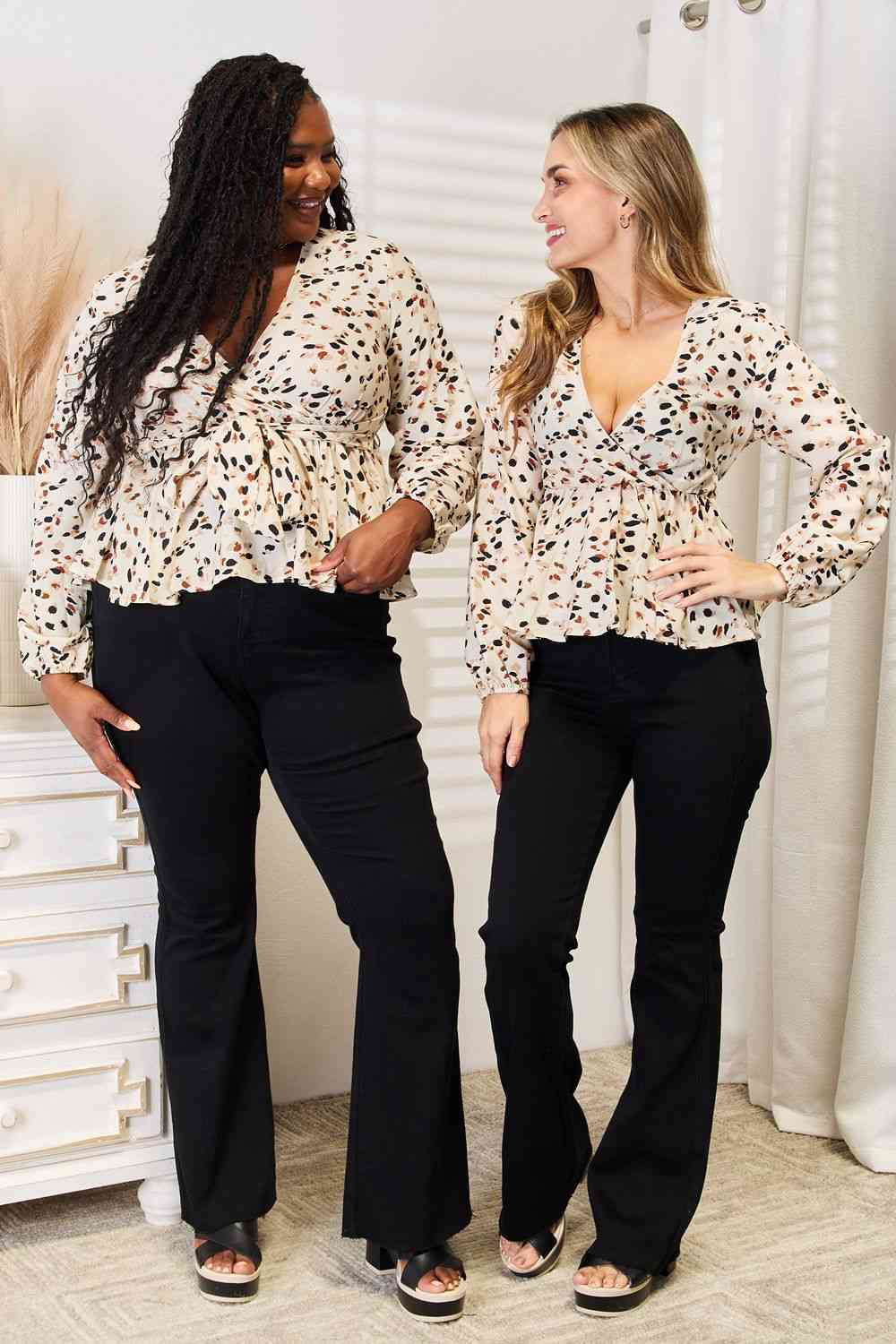 Double Take Printed Tied Plunge Peplum Blouse - Mervyns