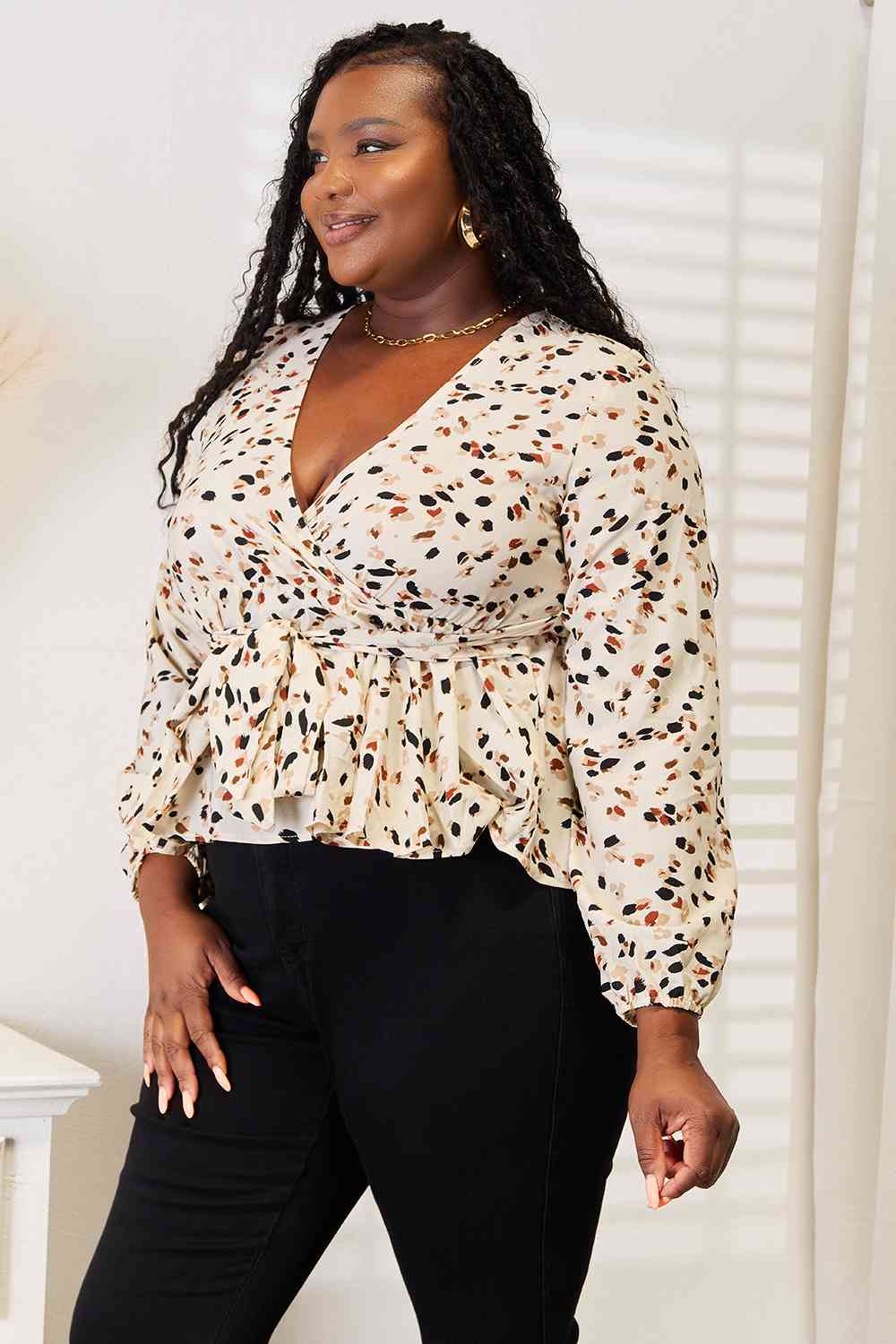 Double Take Printed Tied Plunge Peplum Blouse - Mervyns