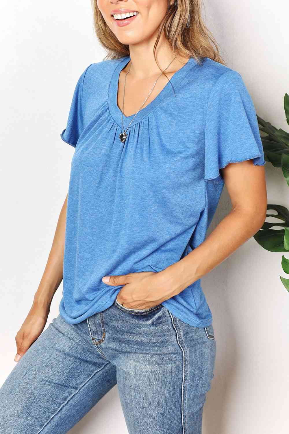 Double Take Ruched V - Neck Short Sleeve T-Shirt - Mervyns