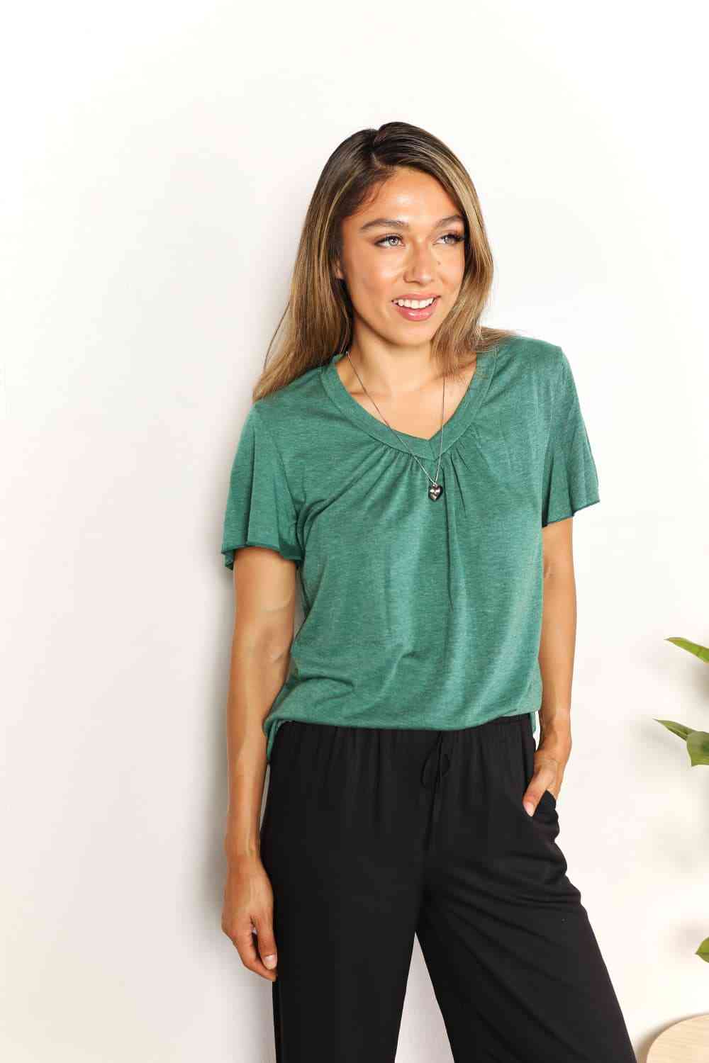 Double Take Ruched V - Neck Short Sleeve T-Shirt - Mervyns