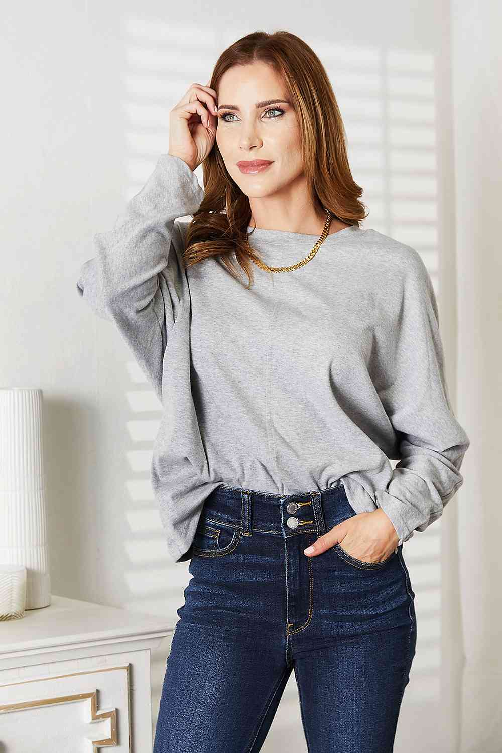 Double Take Seam Detail Round Neck Long Sleeve Top - Mervyns