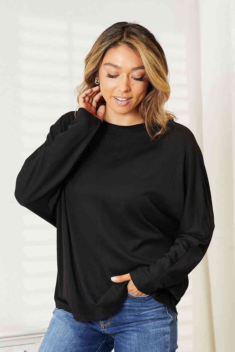 Double Take Seam Detail Round Neck Long Sleeve Top - Mervyns