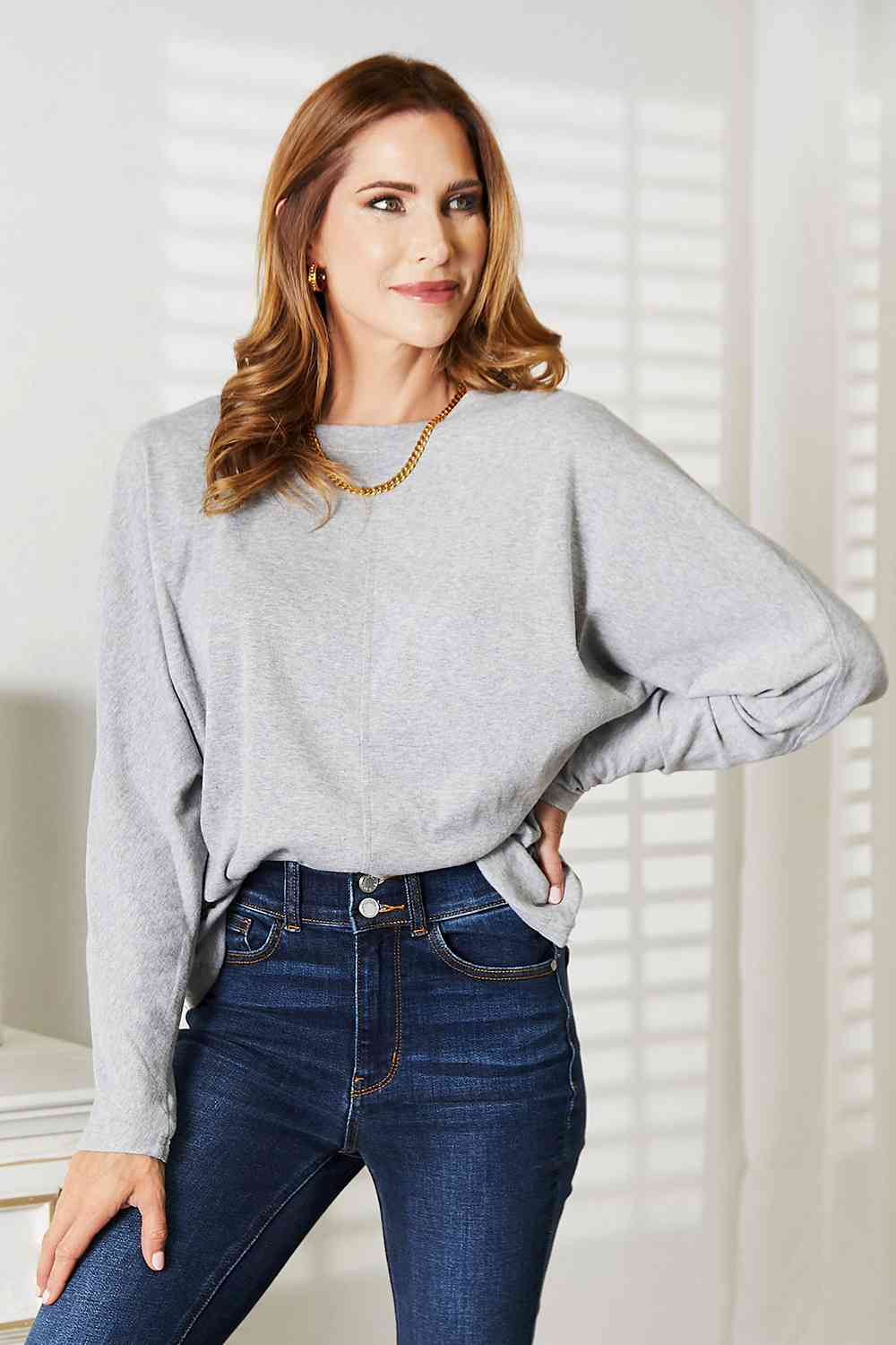 Double Take Seam Detail Round Neck Long Sleeve Top - Mervyns