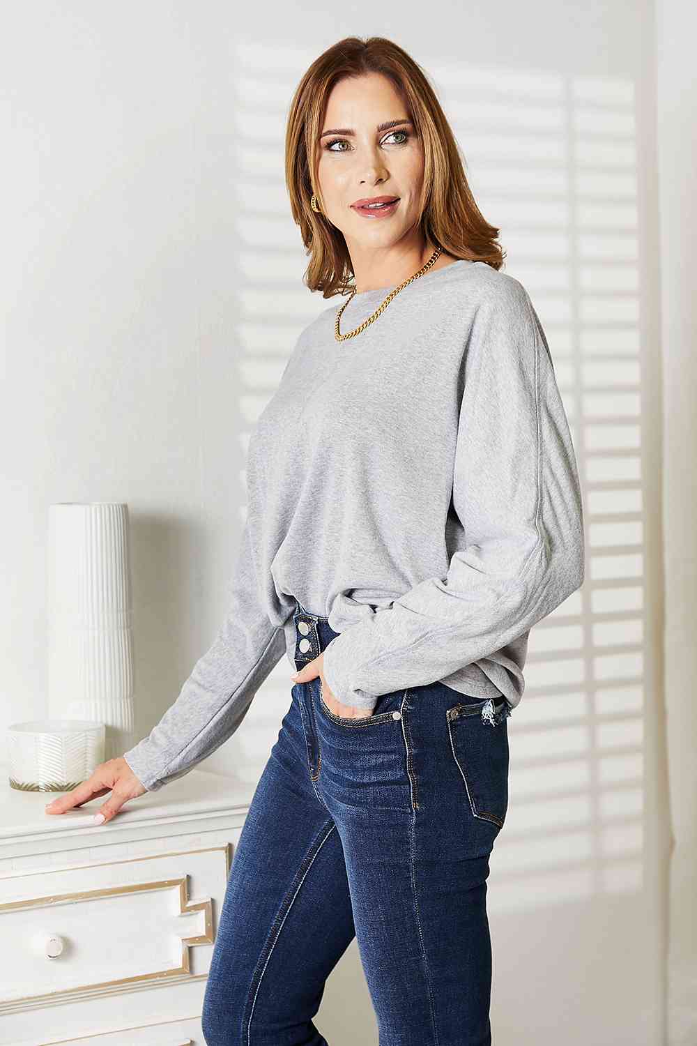 Double Take Seam Detail Round Neck Long Sleeve Top - Mervyns