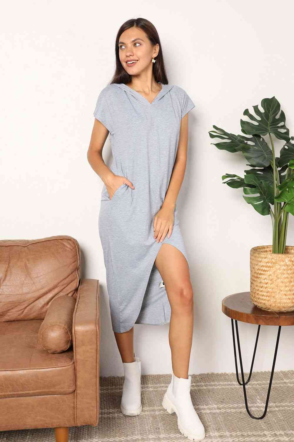 Double Take Short Sleeve Front Slit Hooded Dress - Mervyns