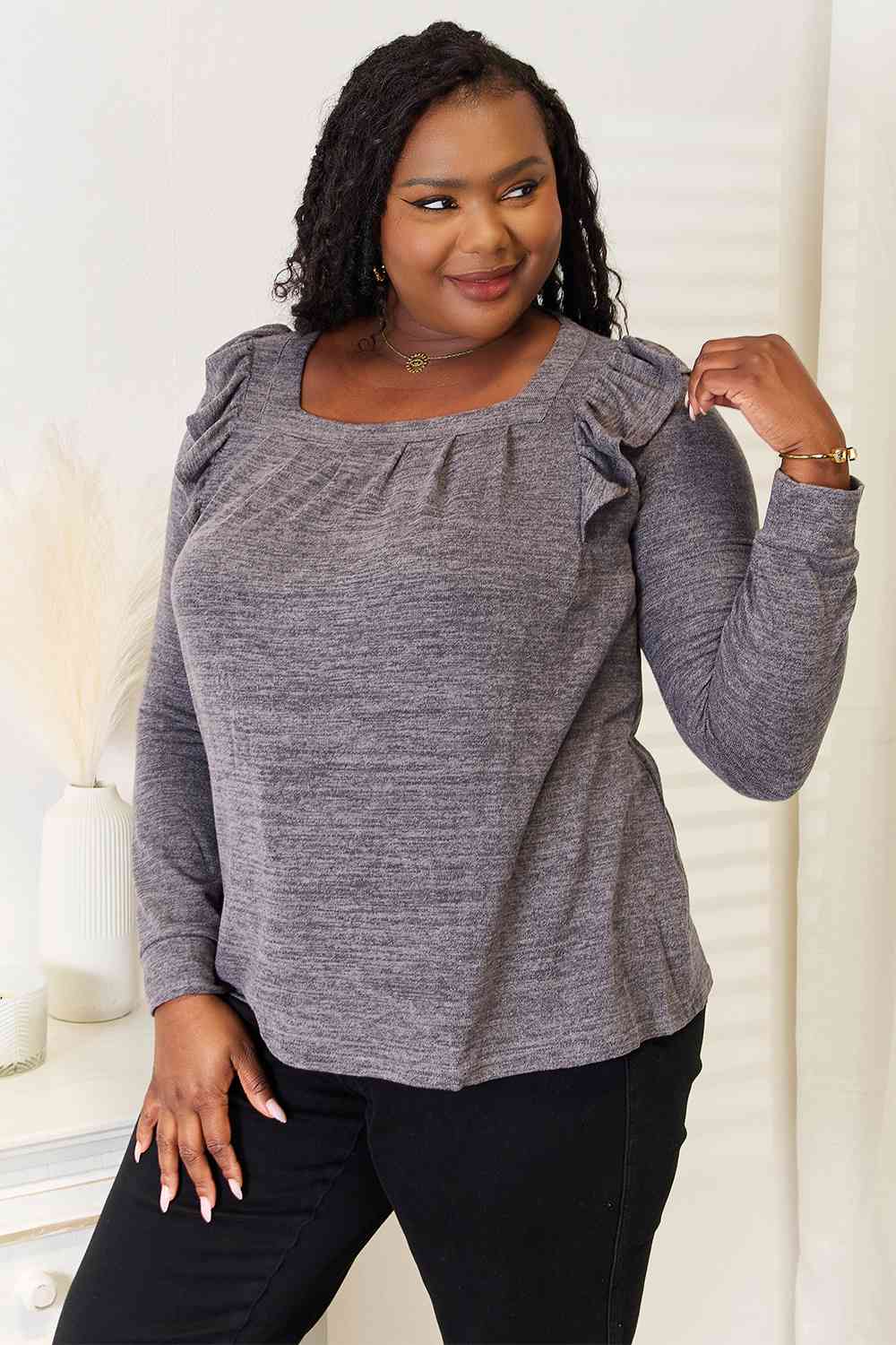 Double Take Square Neck Ruffle Shoulder Long Sleeve T-Shirt - Mervyns