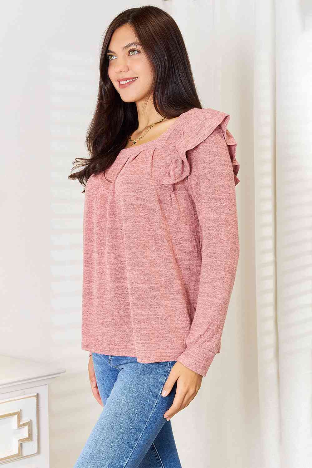 Double Take Square Neck Ruffle Shoulder Long Sleeve T-Shirt - Mervyns