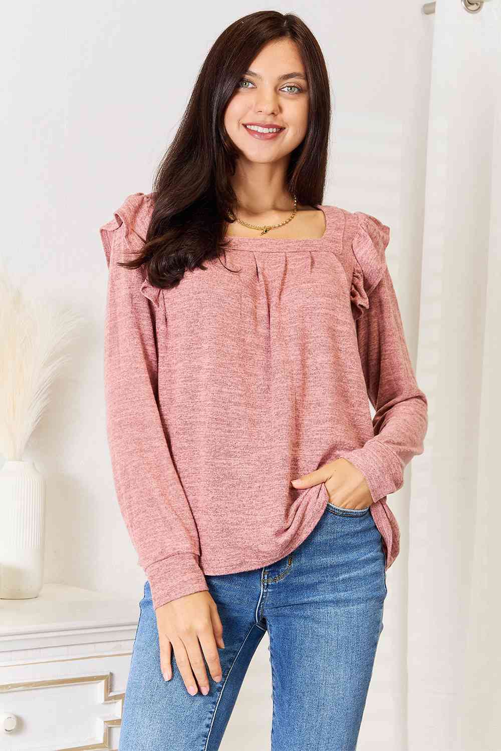 Double Take Square Neck Ruffle Shoulder Long Sleeve T-Shirt - Mervyns