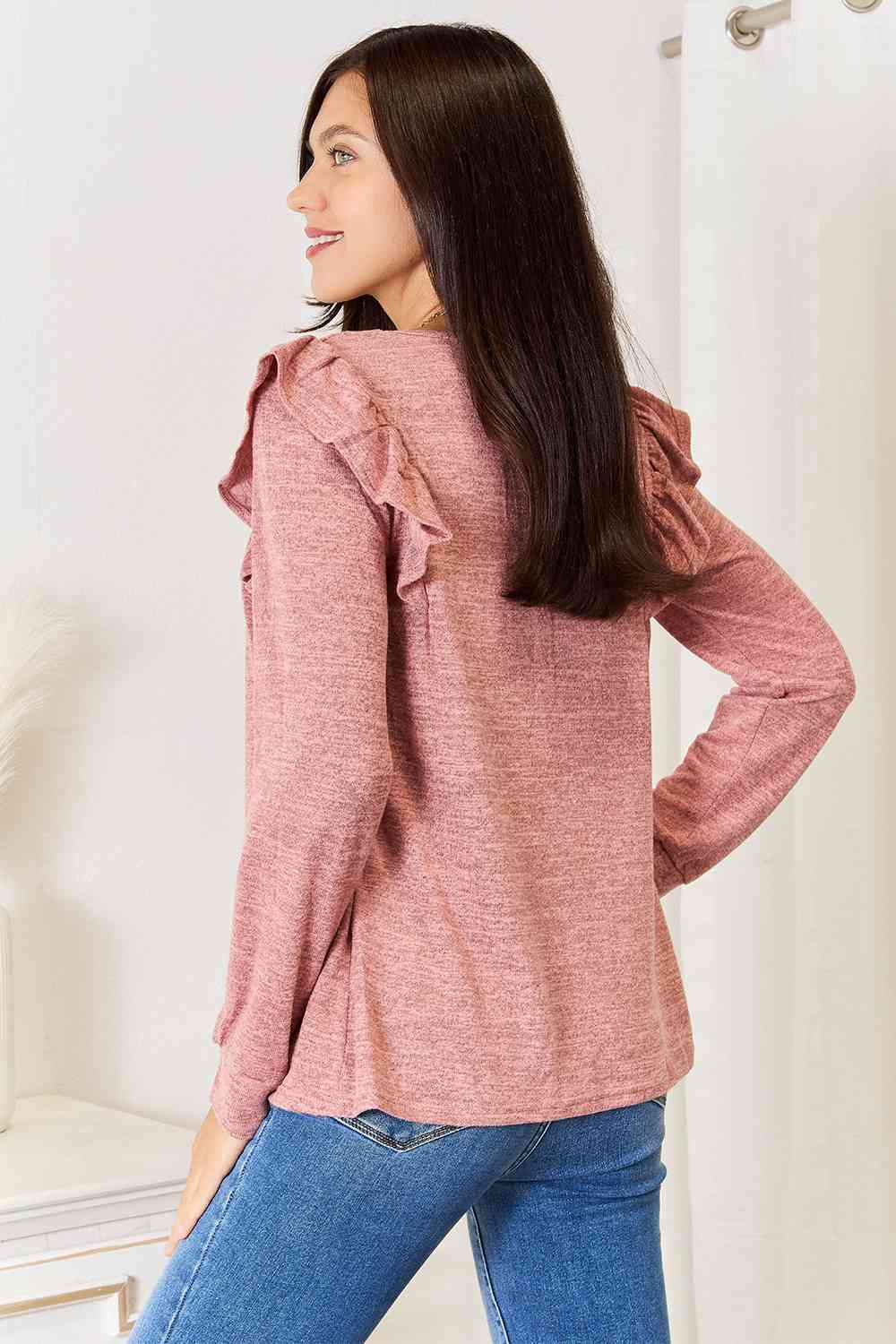 Double Take Square Neck Ruffle Shoulder Long Sleeve T-Shirt - Mervyns