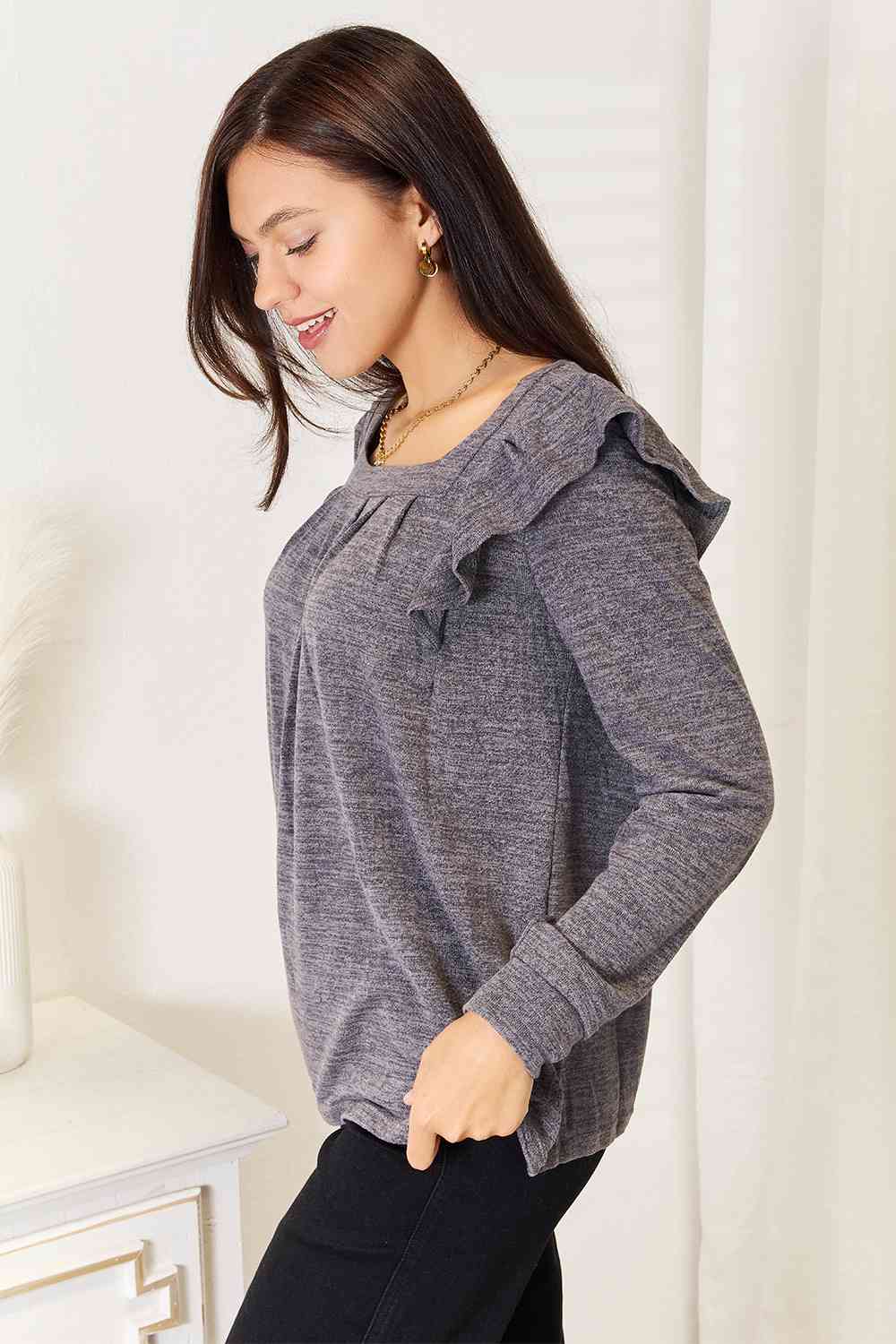 Double Take Square Neck Ruffle Shoulder Long Sleeve T-Shirt - Mervyns