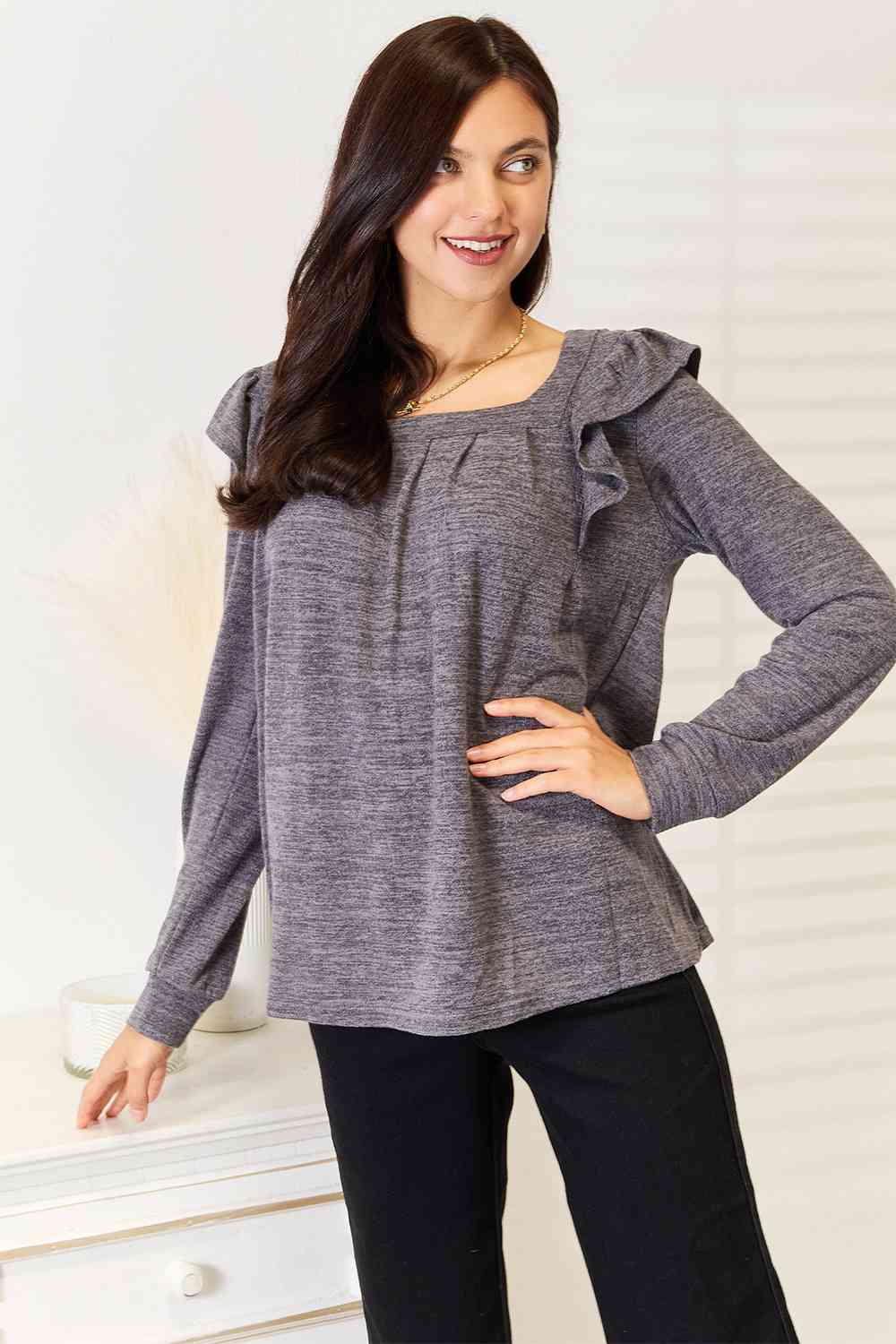 Double Take Square Neck Ruffle Shoulder Long Sleeve T-Shirt - Mervyns