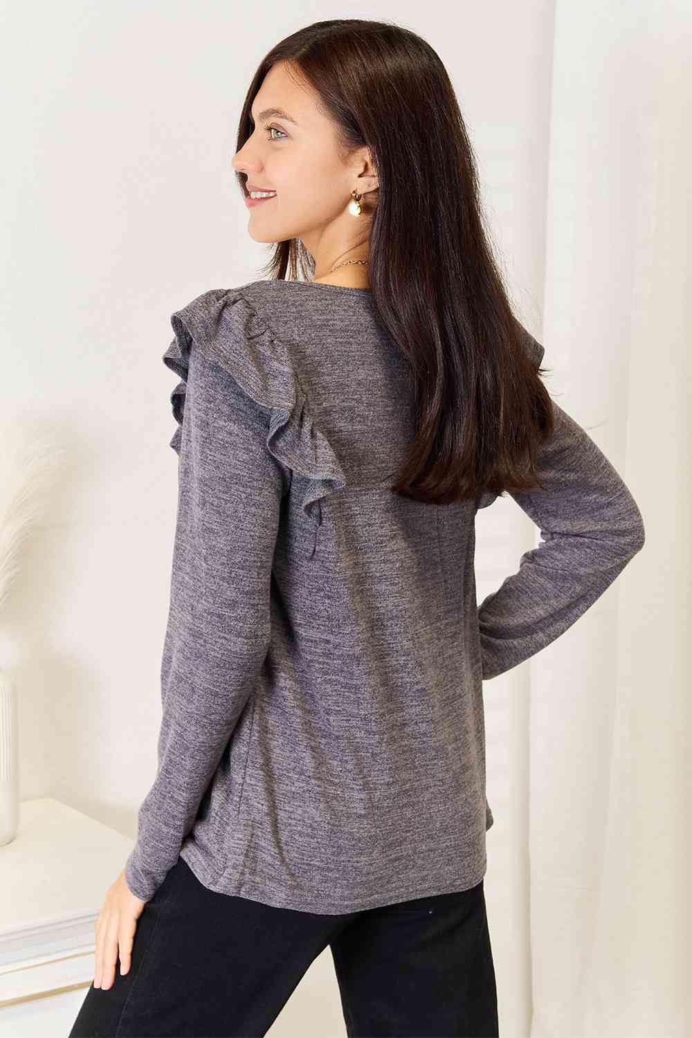 Double Take Square Neck Ruffle Shoulder Long Sleeve T-Shirt - Mervyns