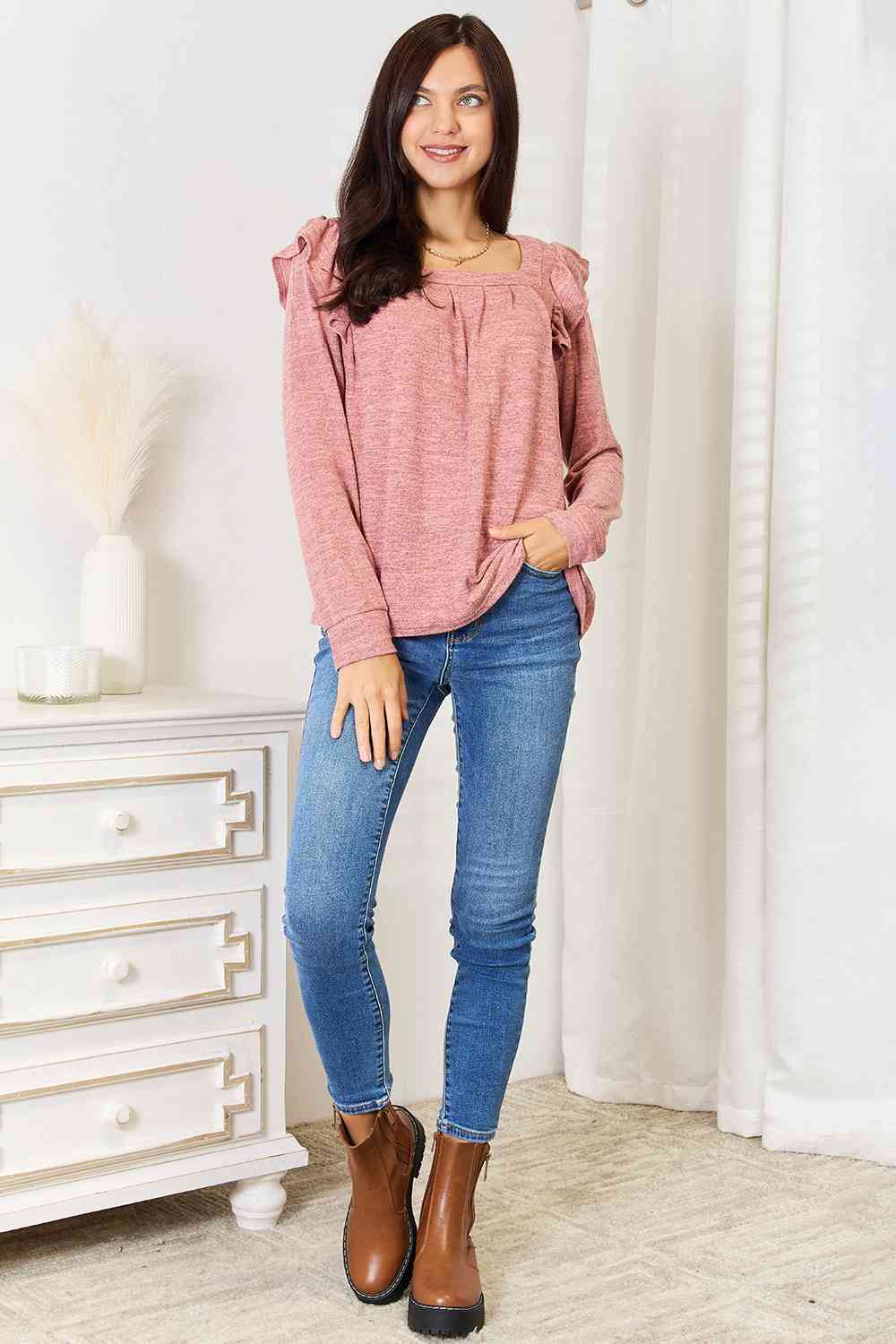 Double Take Square Neck Ruffle Shoulder Long Sleeve T-Shirt - Mervyns